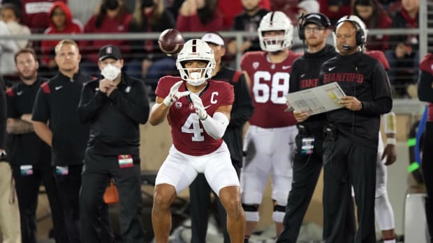 Nov 27, 2021; Stanford, California, USA; Stanford Cardinal wide receiver Michael Wilson (4) catches a pass during the second quarter against the Notre Dame Fighting Irish at Stanford Stadium. Mandatory Credit: Darren Yamashita-USA TODAY Sports